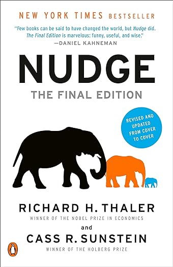 White book cover with title Nudge The Final Edition by Richard H. Thaler