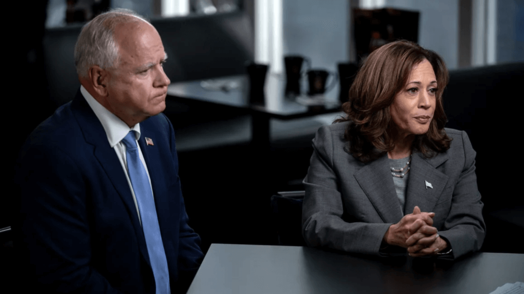 Image of current US Vice President Kamala Harris and Gov Tim Walz sitting for an interview with CNN.