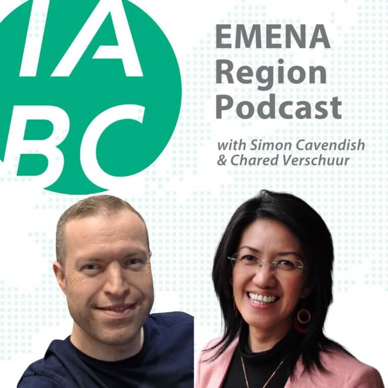 Cover image for the IABC EMENA Region Podcast. The green IABC logo appears on the left. The text reads “EMENA Region Podcast with Simon Cavendish & Chared Verschuur.” On the right side are two hosts: a smiling man in a dark shirt and a smiling woman wearing glasses, a pink blazer, and earrings, both against a white background with light green digital dots.