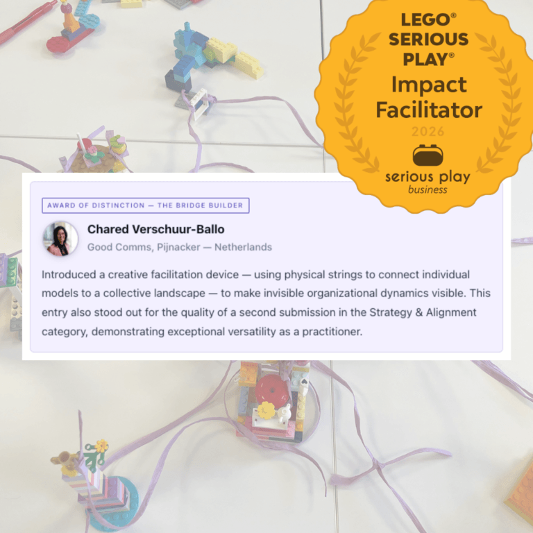 LEGO® Serious Play® models connected by purple strings, overlaid with a 2026 Impact Facilitator badge and an Award of Distinction – “The Bridge Builder” – recognising Chared Verschuur-Ballo for making invisible organisational dynamics visible through creative facilitation.